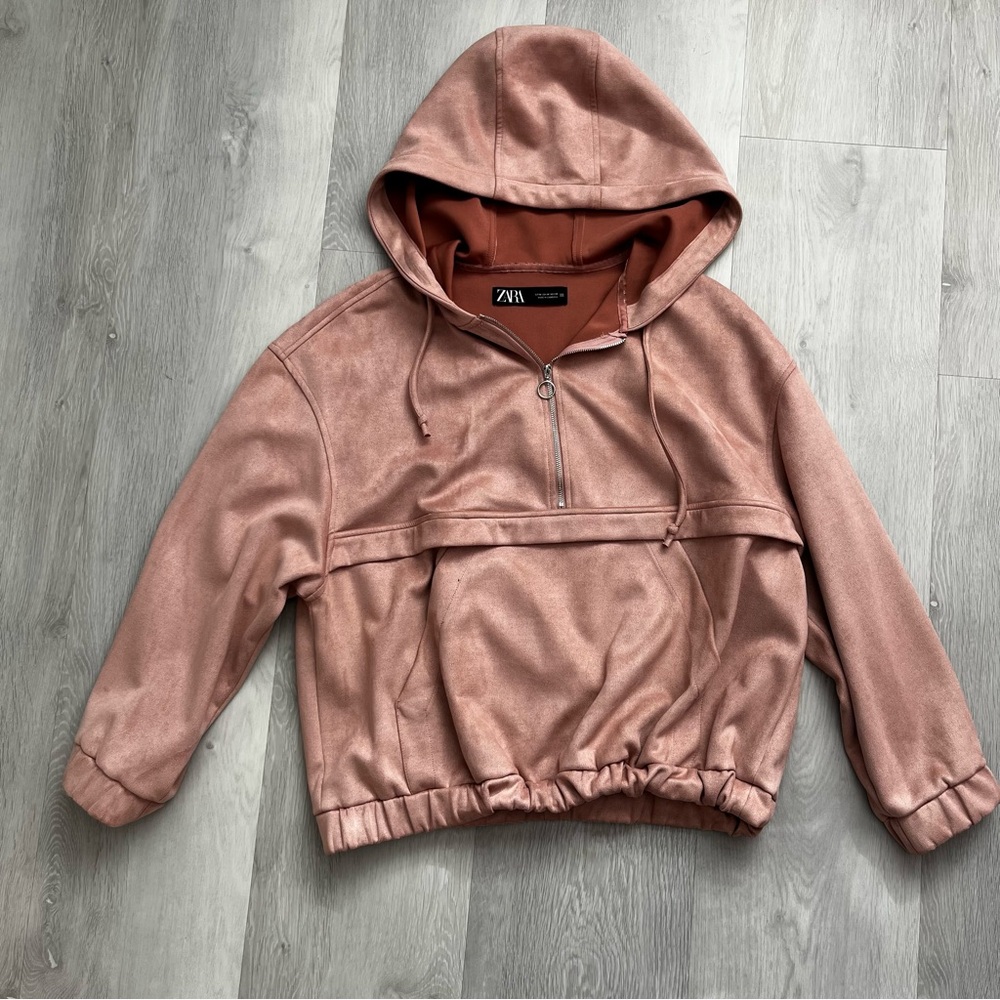 ZARA HOODED SWEATSHIRT HALF ZIP PINK MICROSUEDE PULLOVER MEDIUM